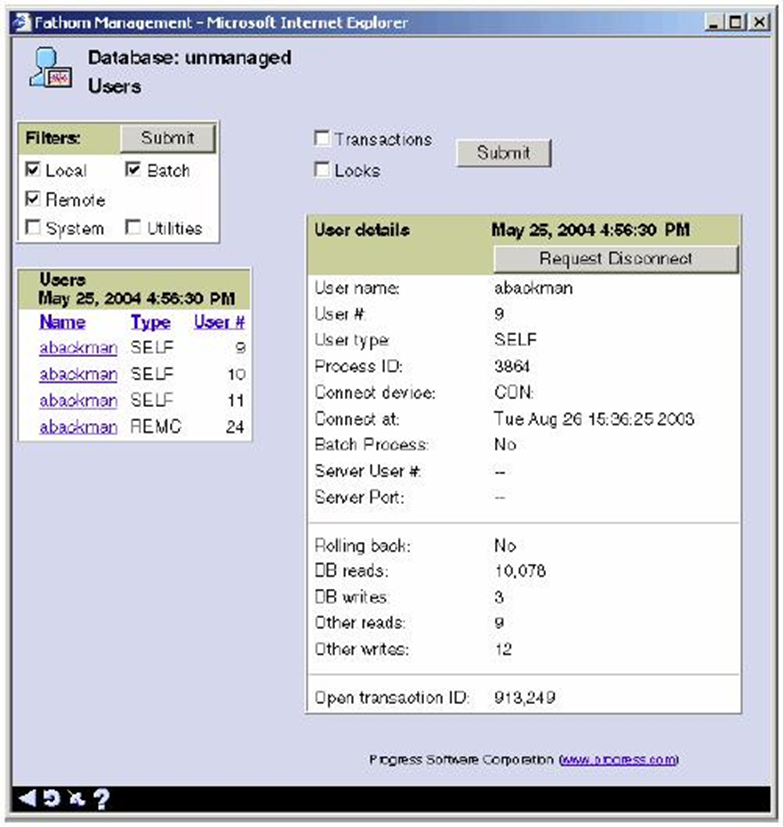 OpenEdge  management use memory user activity